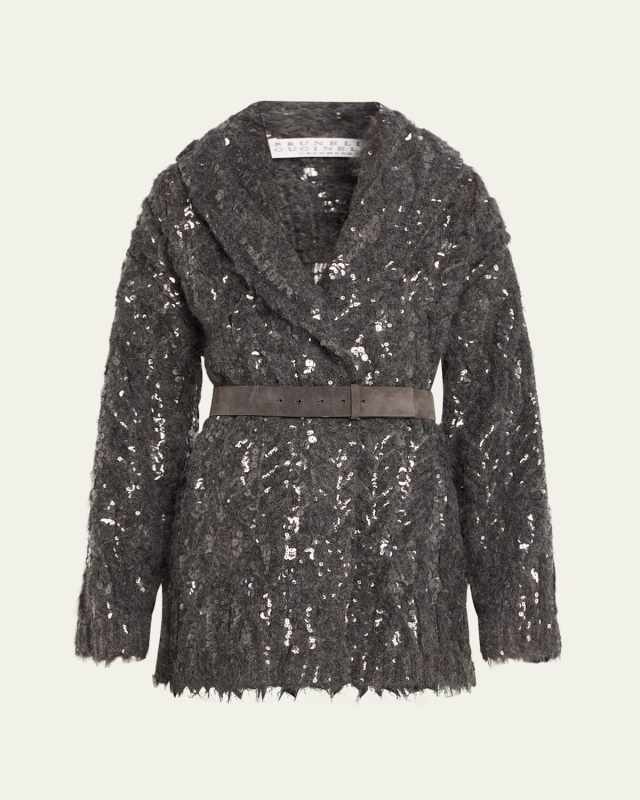 Alpaca Mohair Belted Cardigan with Sparkling Embroidery